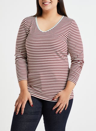 Striped V-Neck Top Brown/White - v1580903844/N34221344V_1