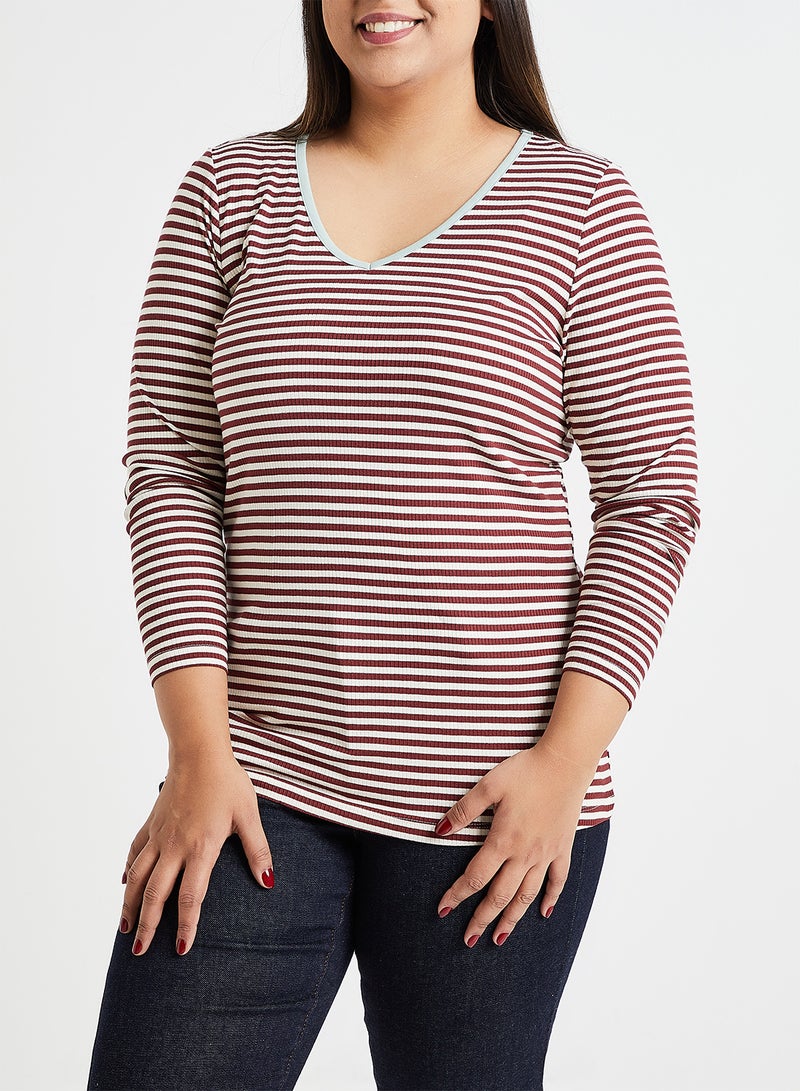 VERO MODA - Striped V-Neck Top Brown/White - Image 1