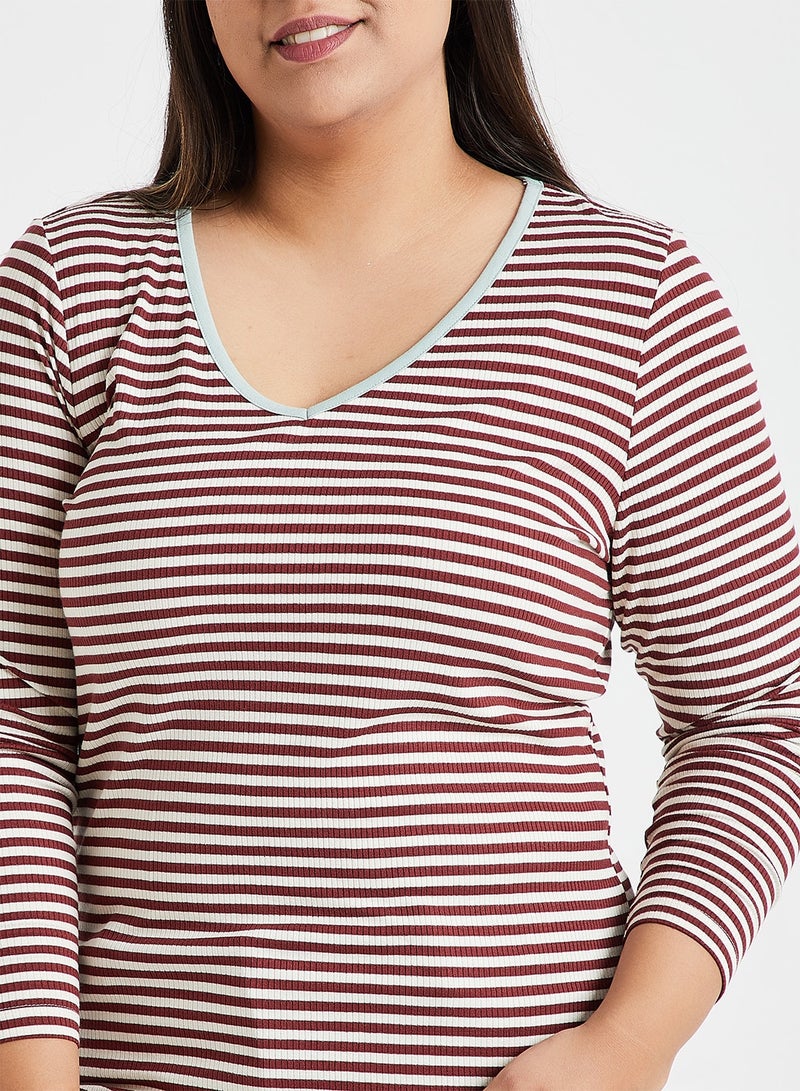 VERO MODA - Striped V-Neck Top Brown/White - Image 1