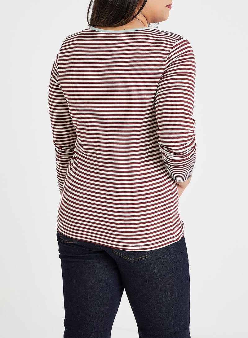 VERO MODA - Striped V-Neck Top Brown/White - Image 1