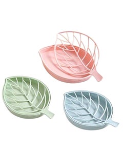 3-Piece Leaf Shape Soap Holder Set With Drain Soap Dish Blue/Green/Pink 17.5 x 10.5cm