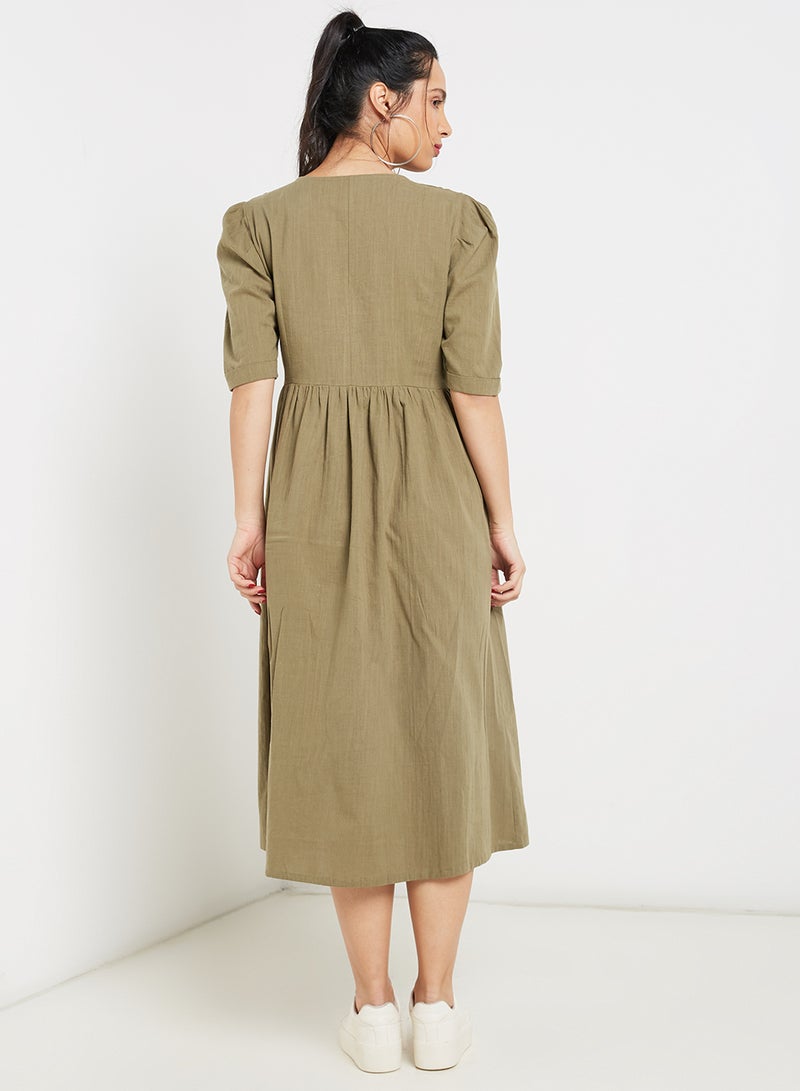 Single-Row Button Midi Dress Army Green  - Image 2