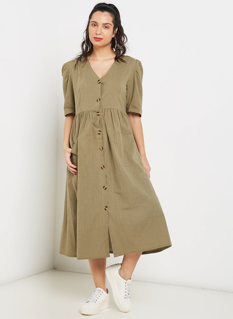 Single-Row Button Midi Dress Army Green  - Image 1