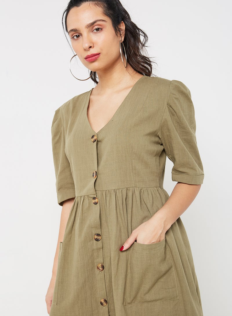 Single-Row Button Midi Dress Army Green  - Image 3
