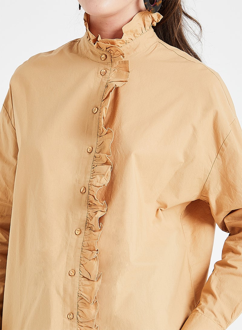 VERO MODA - Frill Detail Shirt Brown - Image 1