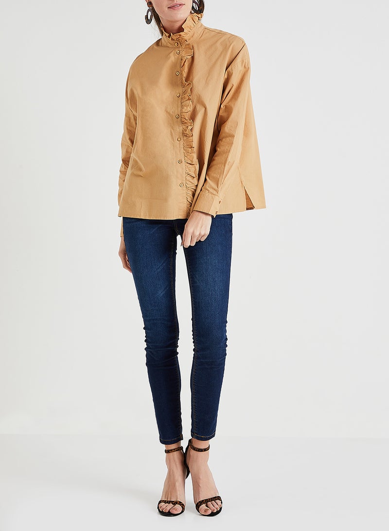 VERO MODA - Frill Detail Shirt Brown - Image 1