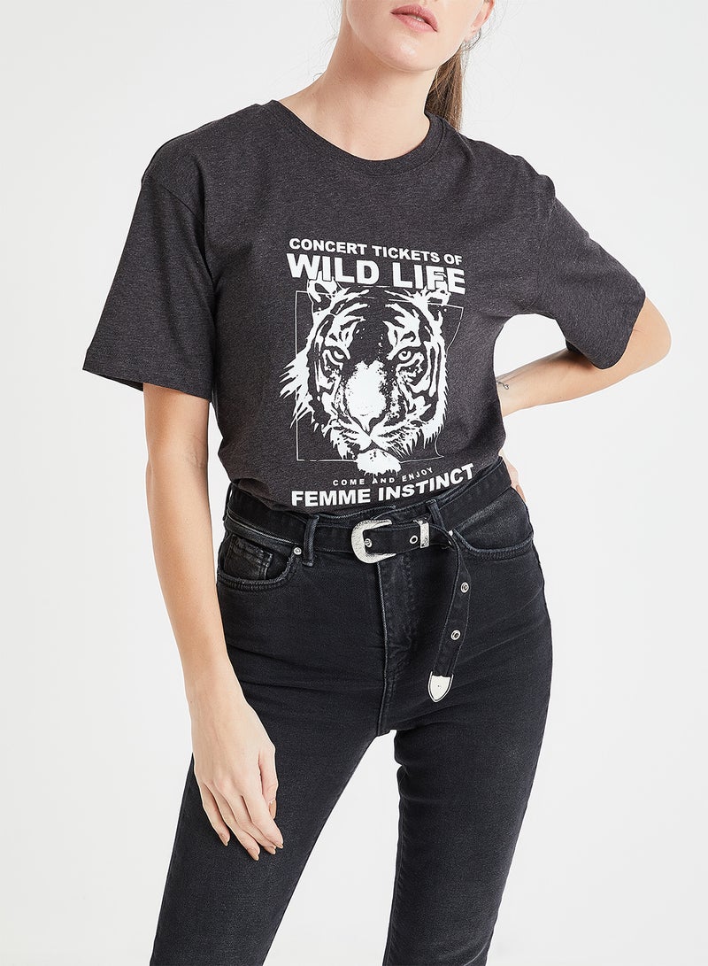 فيرو مودا تيشيرت مزين بطبعات لحيوان النمر رمادي فحمي - Image 1