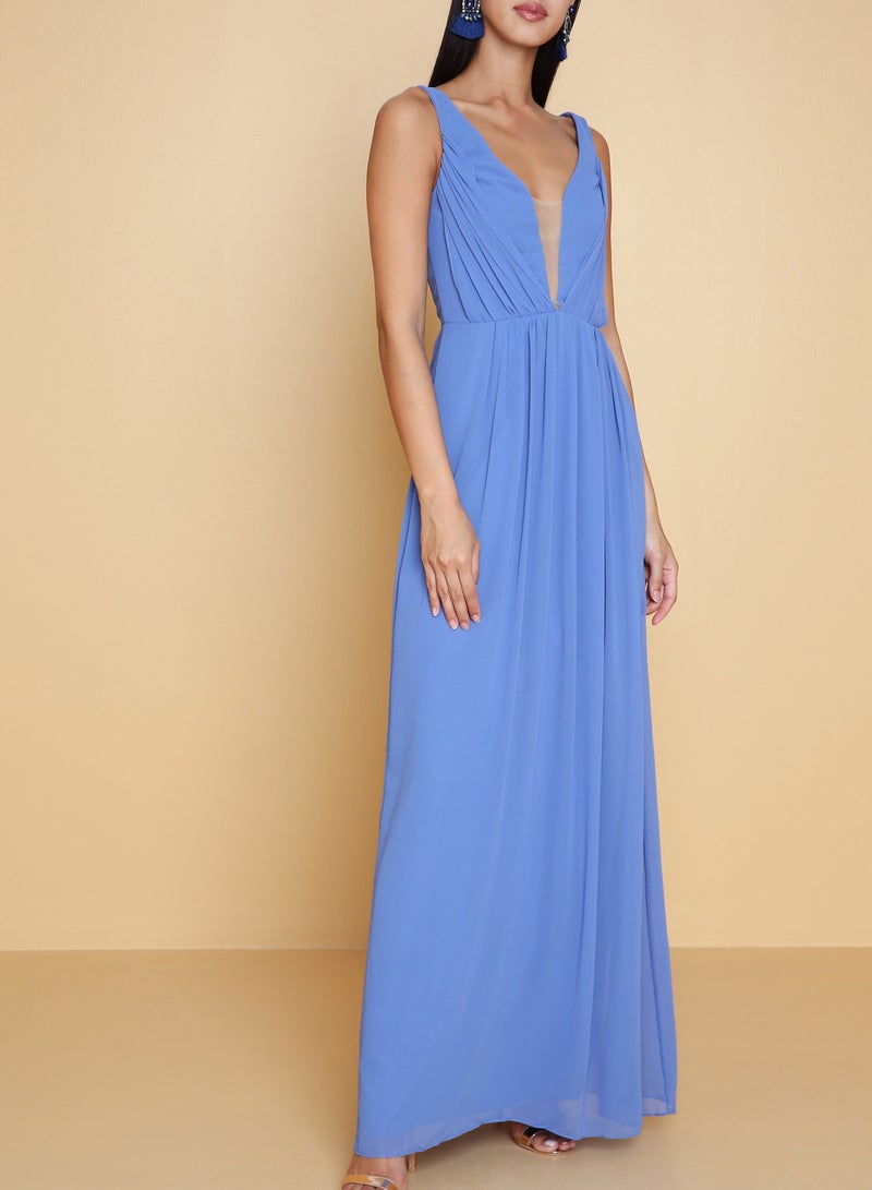 أريا فستان طويل بكسرات وقطعة قماش شبكي أزرق - Image 1