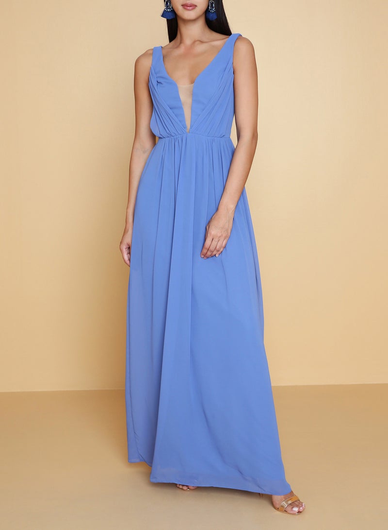 أريا فستان طويل بكسرات وقطعة قماش شبكي أزرق - Image 2