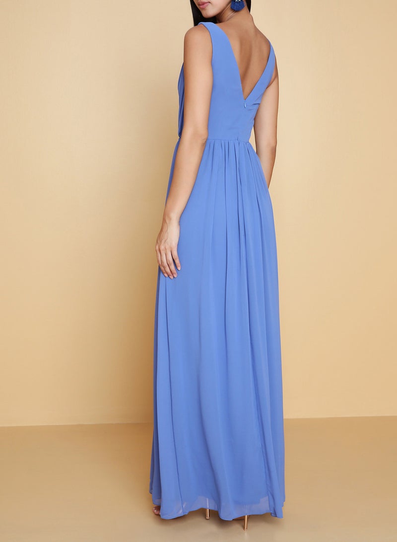 أريا فستان طويل بكسرات وقطعة قماش شبكي أزرق - Image 3