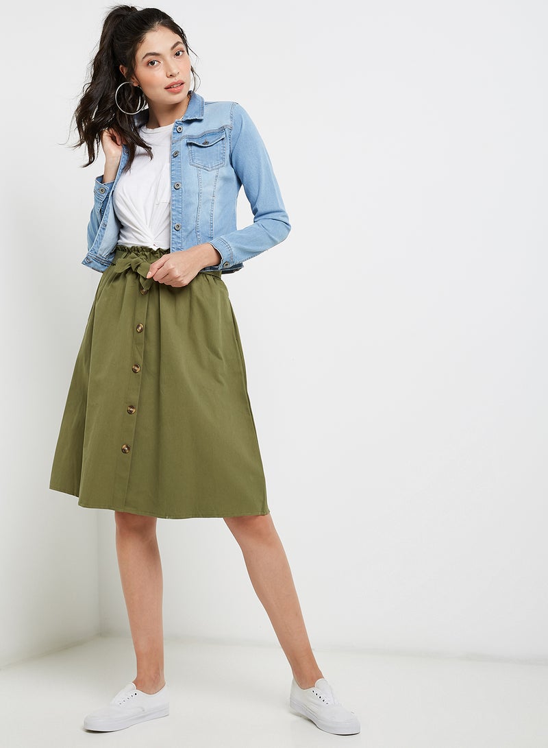 Raw Orange - Paperbag Waist Button Through Skirt Green - Image 1