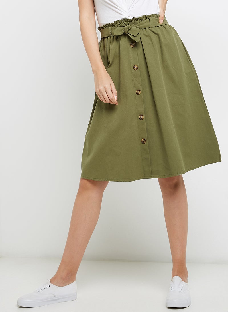 Raw Orange - Paperbag Waist Button Through Skirt Green - Image 1