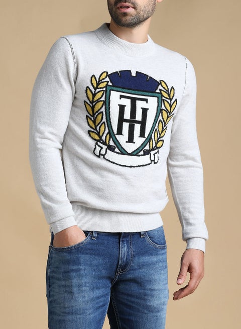 Long Sleeve Crest Intarsia Sweater White/Blue/Black