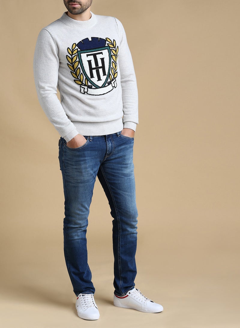 TOMMY HILFIGER - Long Sleeve Crest Intarsia Sweater White/Blue/Black - Image 1