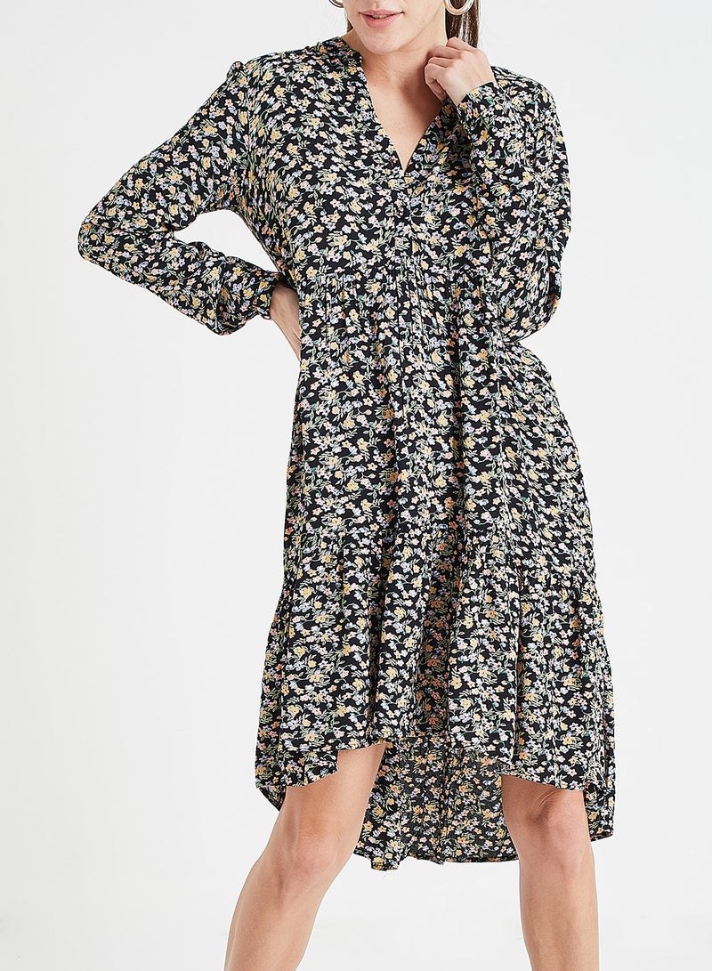 PIECES - Gather Detailed Floral Long Sleeve Dress Multicolour - Image 1