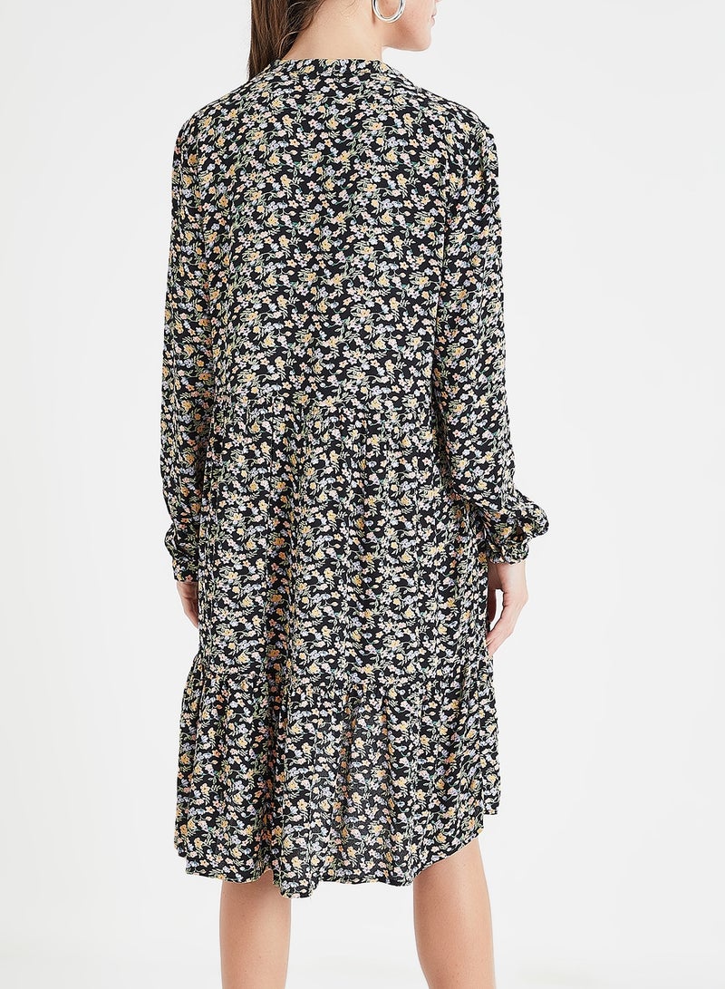 PIECES - Gather Detailed Floral Long Sleeve Dress Multicolour - Image 1