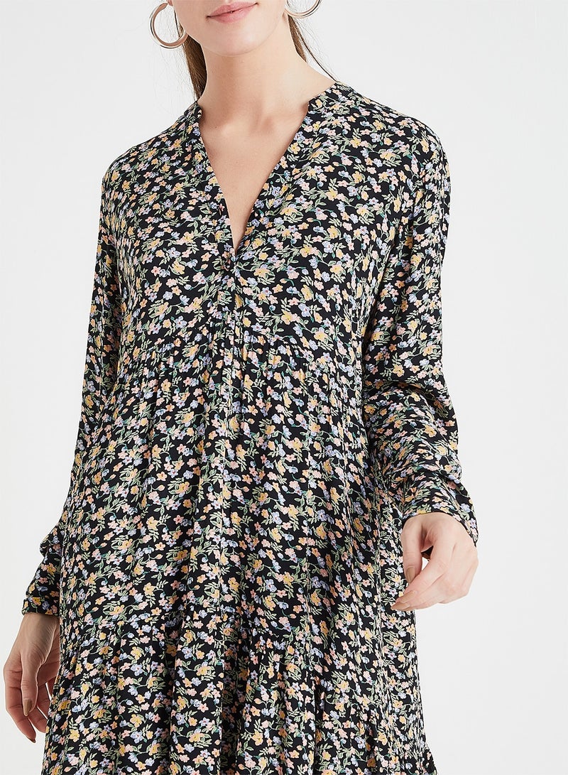 PIECES - Gather Detailed Floral Long Sleeve Dress Multicolour - Image 1