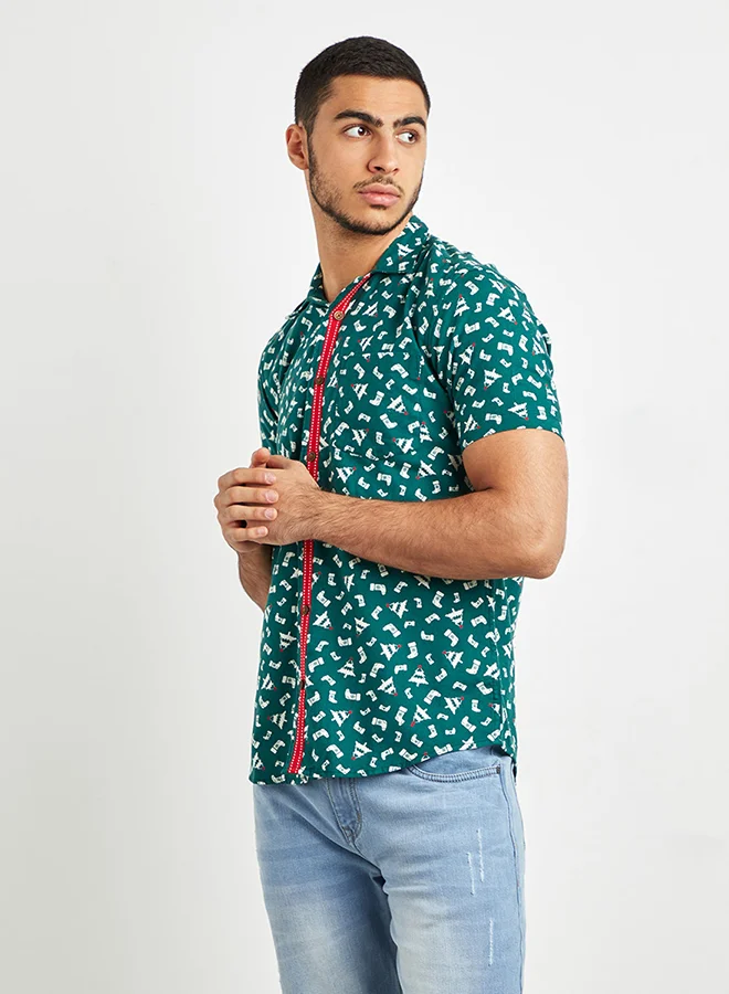 Amon Printed Slim Fit Short Sleeves Shirt Green