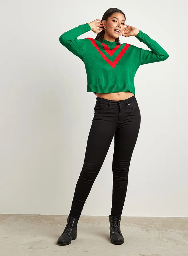 Closet By Styli High Neck Long Sleeves Sweater With Chevron Pattern Green