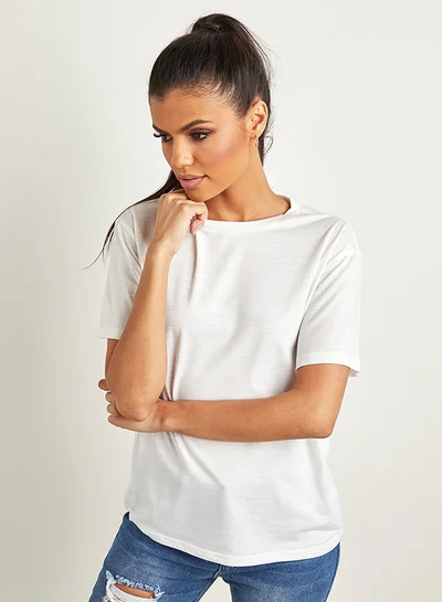 Closet By Styli Plain Round Neck T-Shirt With Short Sleeves White