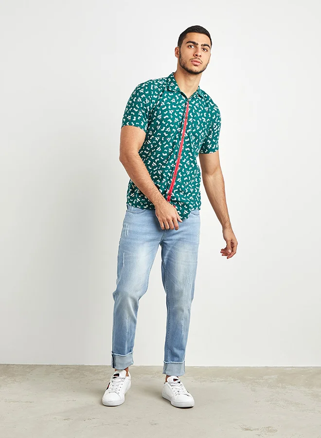 Amon Printed Slim Fit Short Sleeves Shirt Green