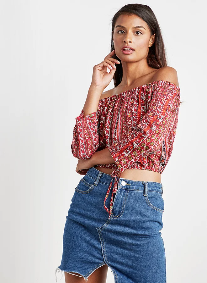 Closet By Styli Printed Off Shoulder Top Red/White/Blue