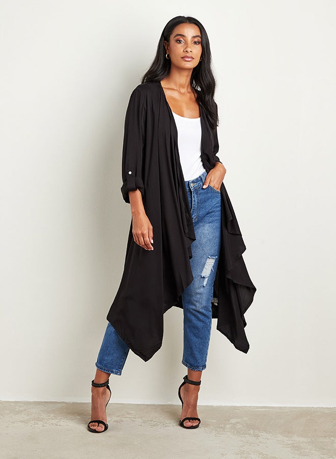 كلوزيت كيمونو بأكمام مطوية وتصميم غير متماثل أسود - Image 3