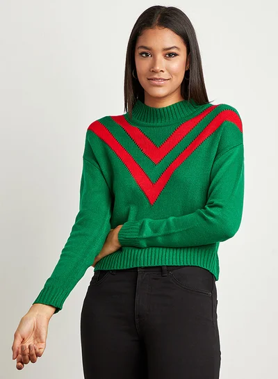 Closet By Styli High Neck Long Sleeves Sweater With Chevron Pattern Green