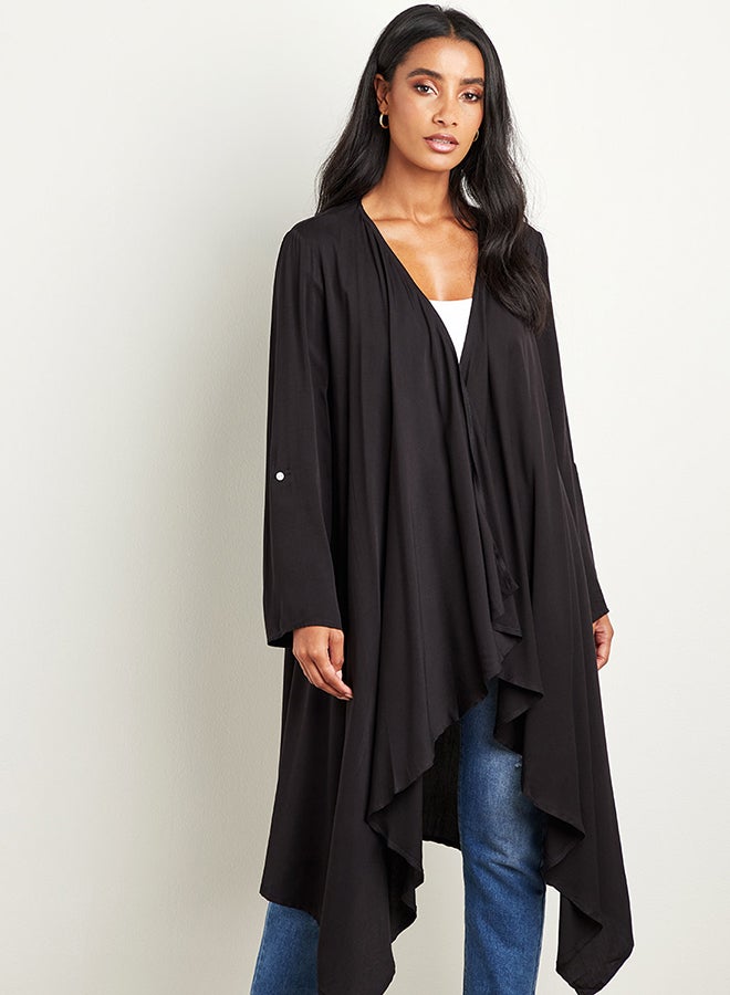 كلوزيت كيمونو بأكمام مطوية وتصميم غير متماثل أسود - Image 1