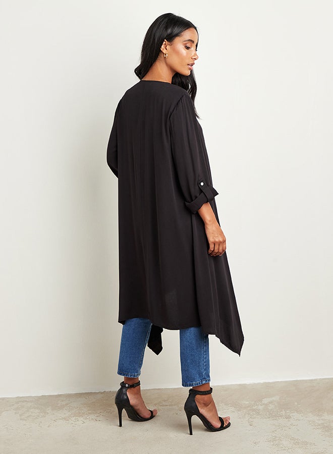 كلوزيت كيمونو بأكمام مطوية وتصميم غير متماثل أسود - Image 2