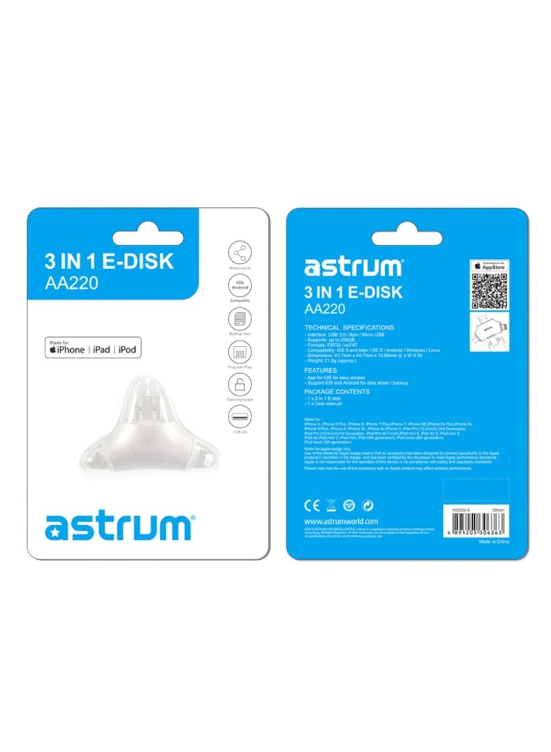 Astrum 3-In-1 E-Disk Multi-Function Card Reader Silver - Image 2