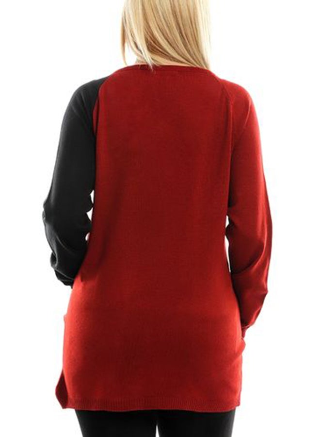 Esla Solid Design Long Sleeves Pullover Black/Brick Red  - Image 2