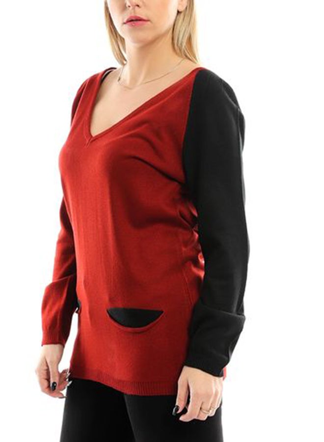 Esla Solid Design Long Sleeves Pullover Black/Brick Red  - Image 3