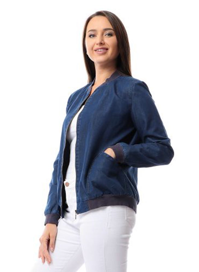 Casual Zipper Closure Jacket Dark Blue