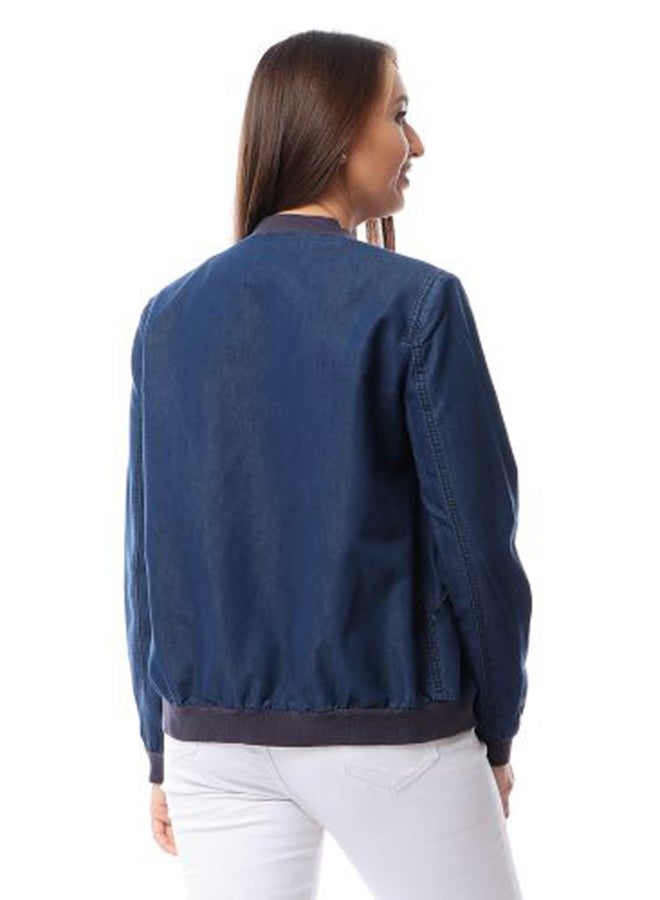 Casual Zipper Closure Jacket Dark Blue