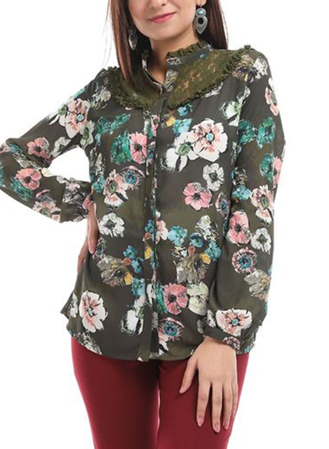 Esla Floral Long Sleeved Blouse Olive - Image 1