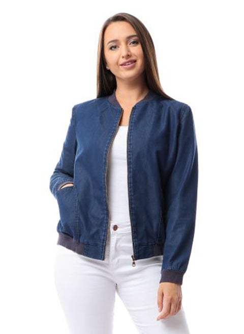 Casual Zipper Closure Jacket Dark Blue