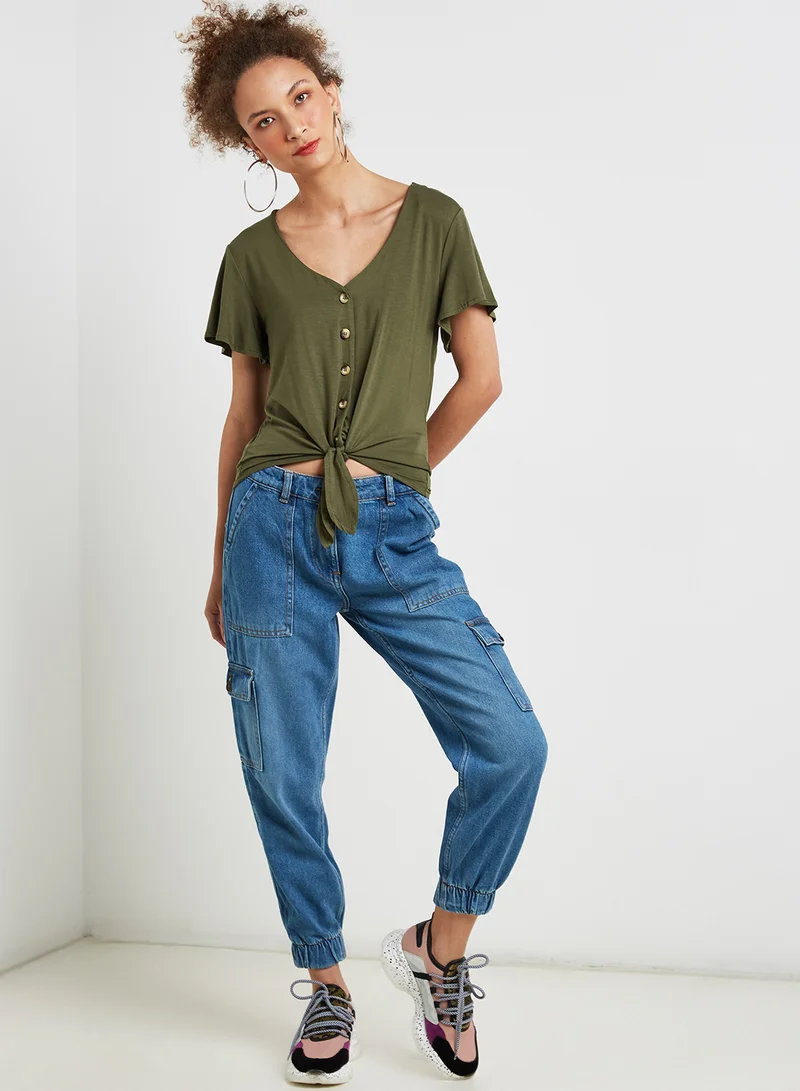 ONLY Front Tie Flutter Sleeve T-Shirt Kalamata