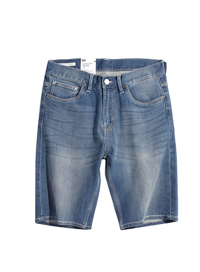 Solid Pattern Mid Rise Denim Shorts Blue - Image 1