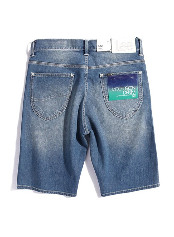 Solid Pattern Mid Rise Denim Shorts Blue - Image 2