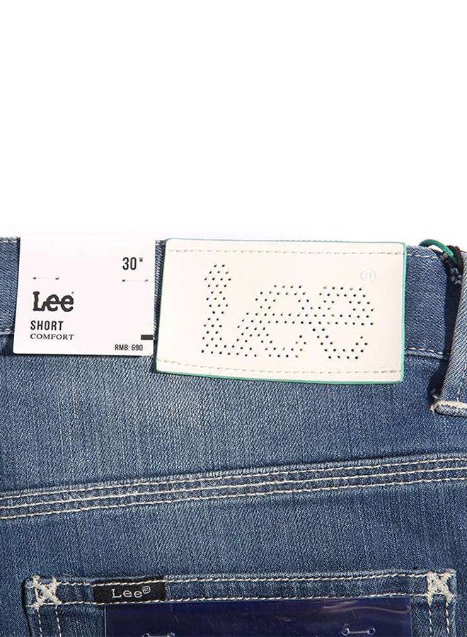 Solid Pattern Mid Rise Denim Shorts Blue - Image 4