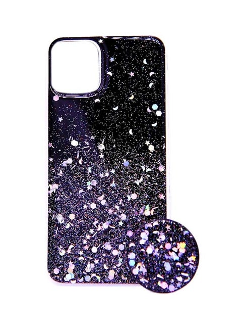 Apple iPhone 11 Pro Max Fancy Glitter Transparent Edge Case Cover With Pop Socket Stand Black