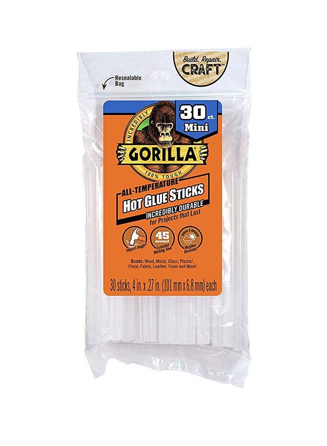 Gorilla Mini Hot Glue Sticks, Count 30 White 4 x 27inch 