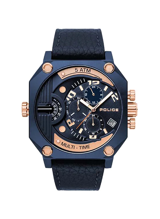POLICE Men's Men's Furnace Octagon Shape Leather Band Analog Wrist Watch 48 mm - Blue - P 15385JSBL-03