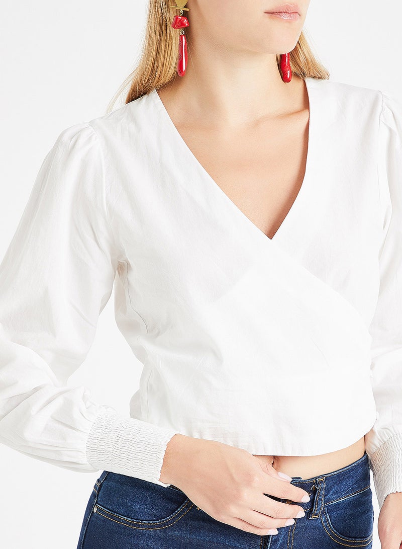 ONLY - Smocked Cuff Wrap Top White - Image 1