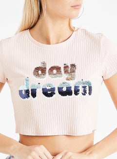 ONLY Sequin Slogan Crop Top Pink  - Image 4