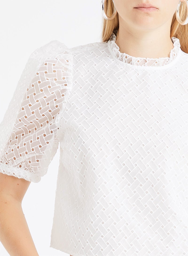 ONLY - Organza Lace Sleeve Crop Top White - Image 1