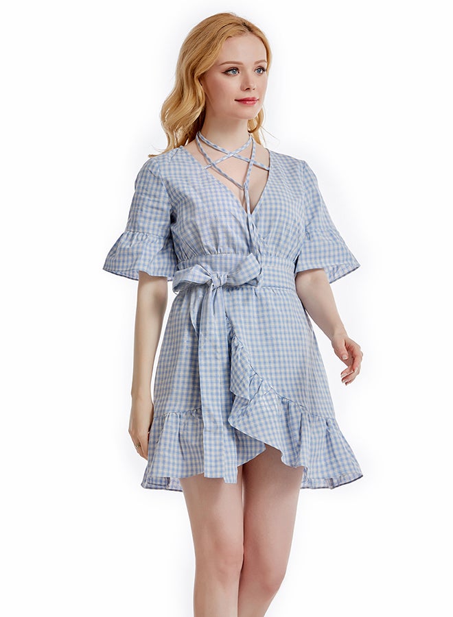 Hanyimidoo Cotton V-Neck Short Sleeve Dress Wathet  - Image 1