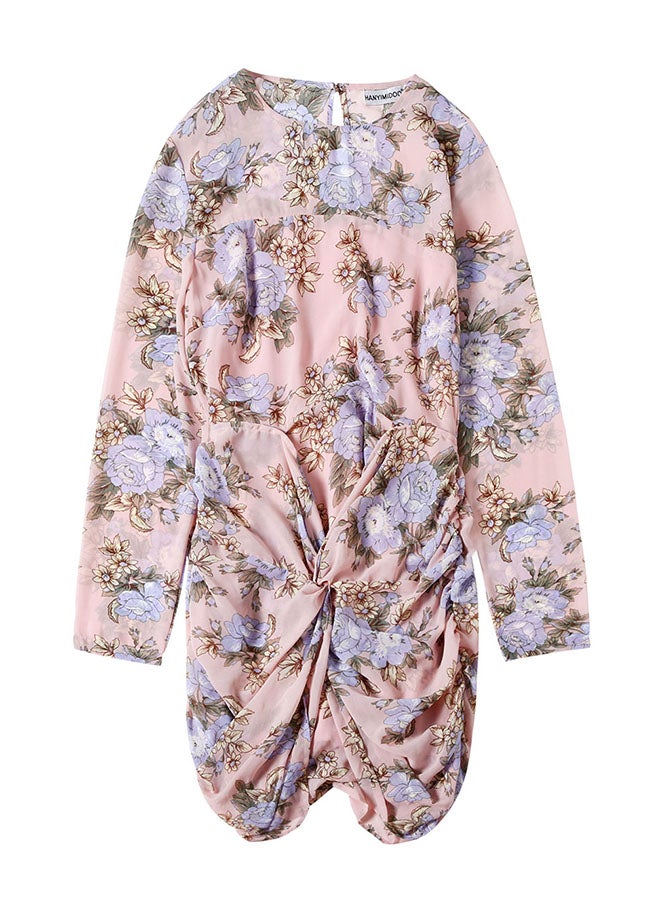 هانيميدو فستان قصير بأكمام طويلة ونقشة زهور أزرق وردي - Image 1