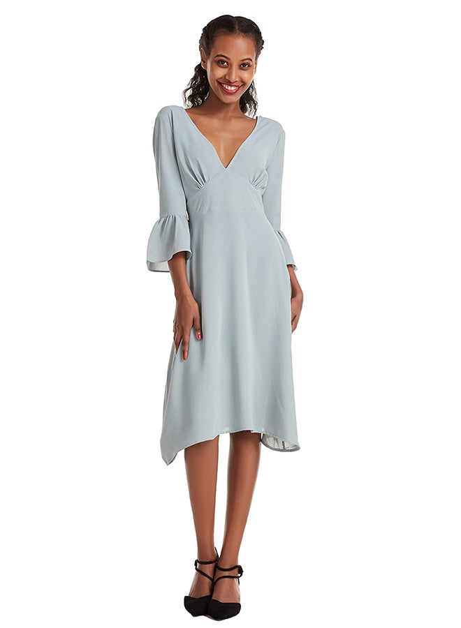 Hanyimidoo - Solid Design V-Neck Dress Grey Blue - Image 1